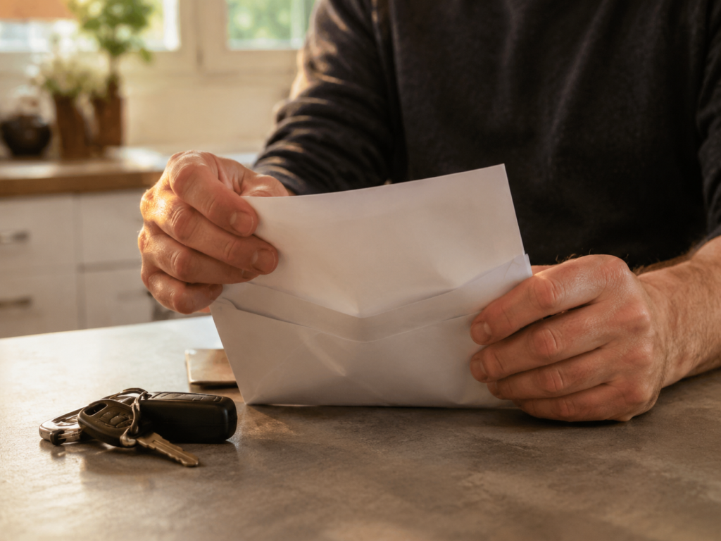 automobiliste ouvrant le courrier lui notifiant sa suspension de permis